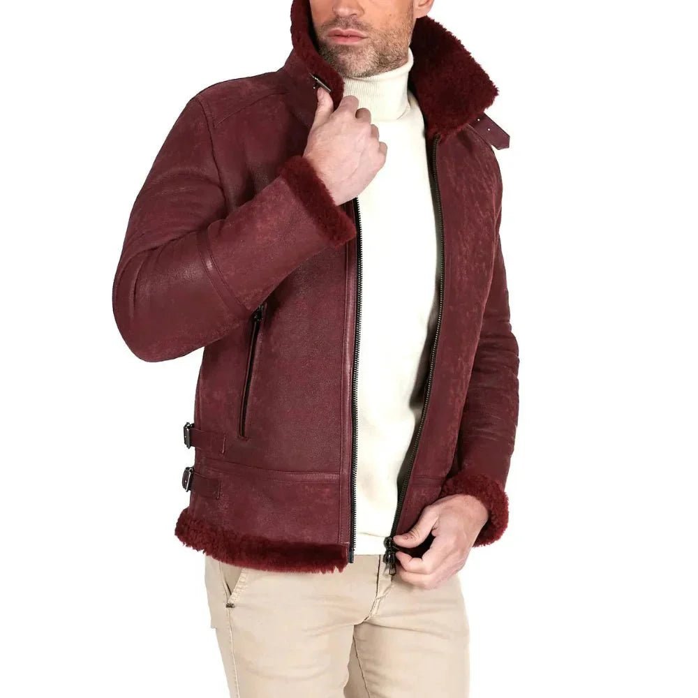 Men’s Dark Maroon Leather Bomber Jacket - Image 3