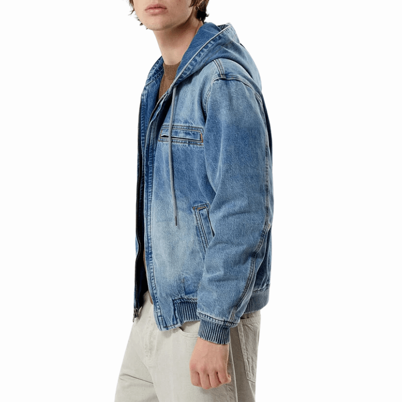 Men’s Blue Denim Hooded Bomber Jean Jacket - Image 3