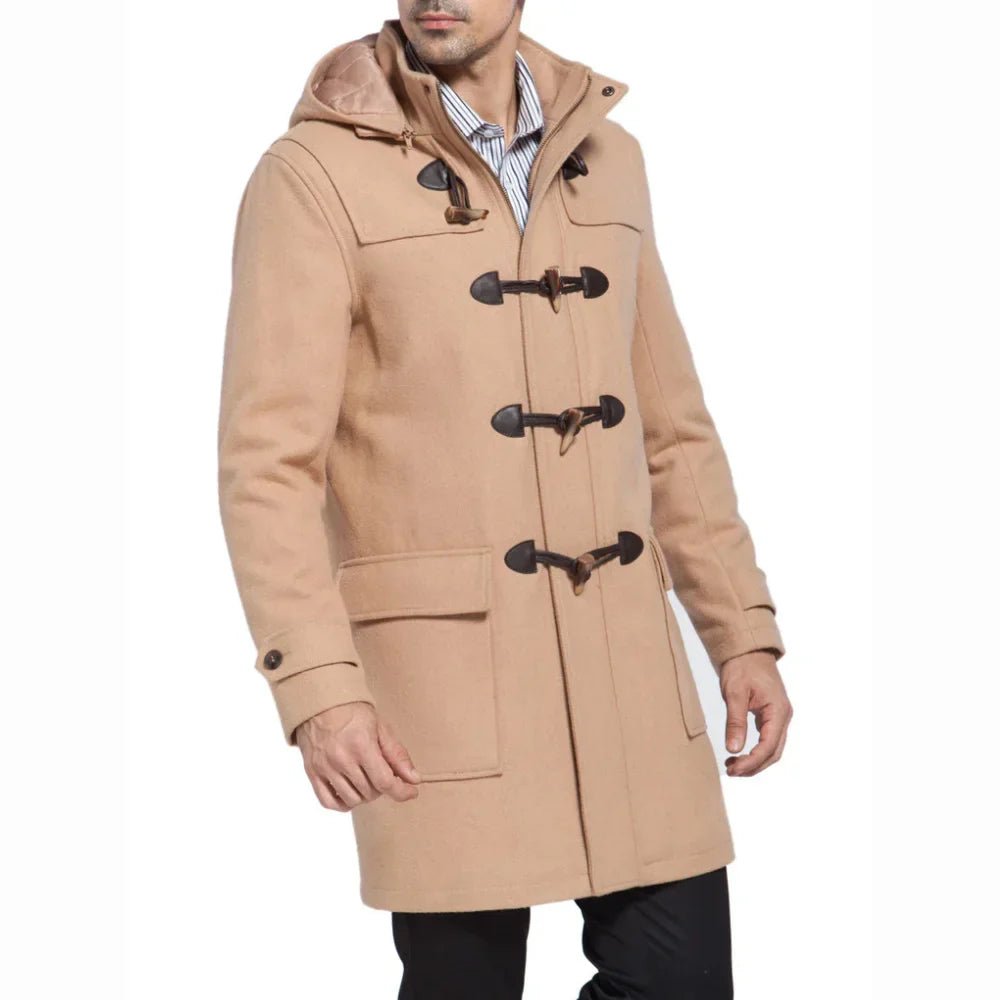 Men’s Camel Hooded Duffle Coat with Toggle Closure - Image 4