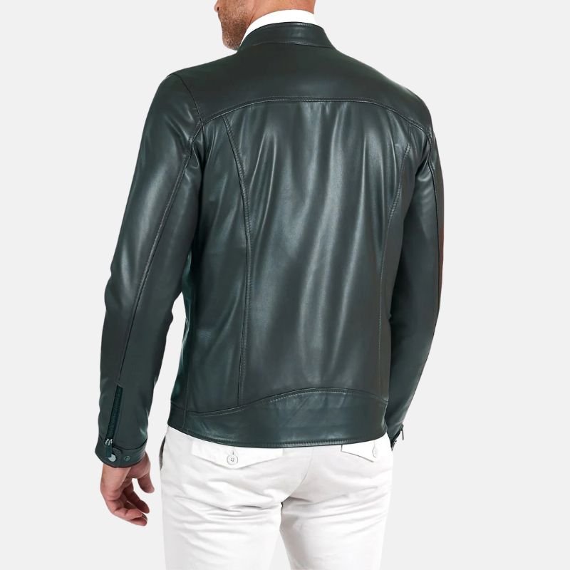 Men’s Dark Green Leather Bomber Jacket with Zip Pockets - Image 7