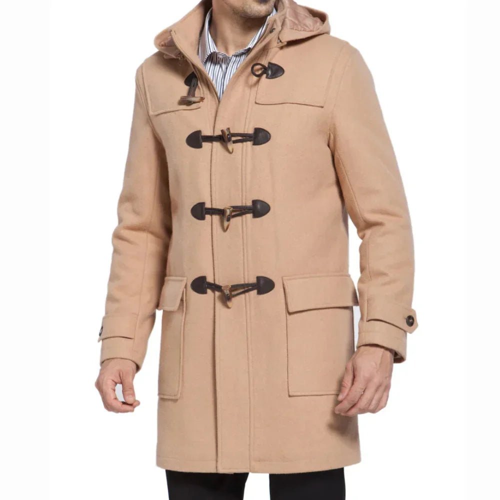 Men’s Camel Hooded Duffle Coat with Toggle Closure - Image 2