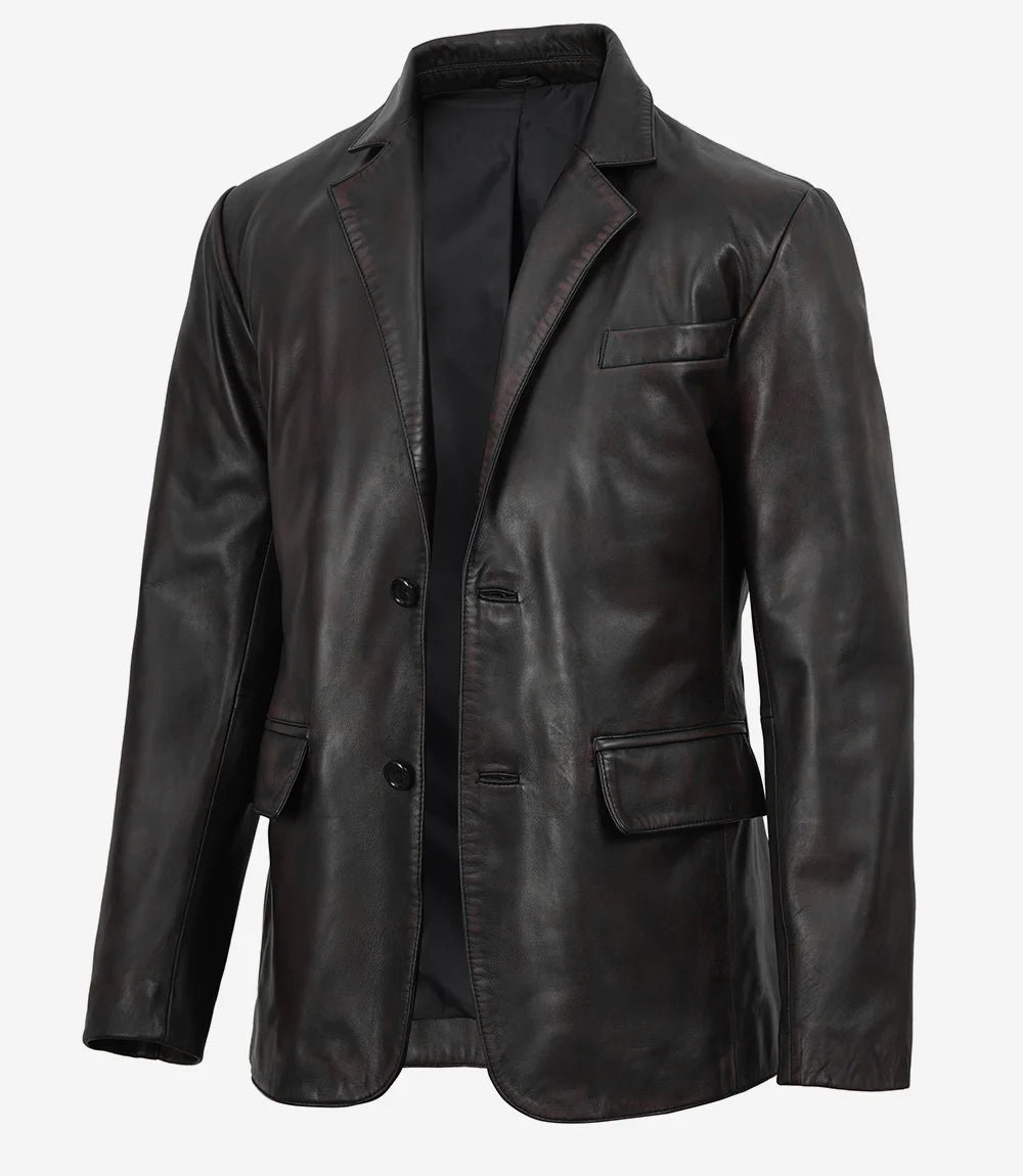 Men's Black Leather Blazer, Maroon Distressed Lambskin