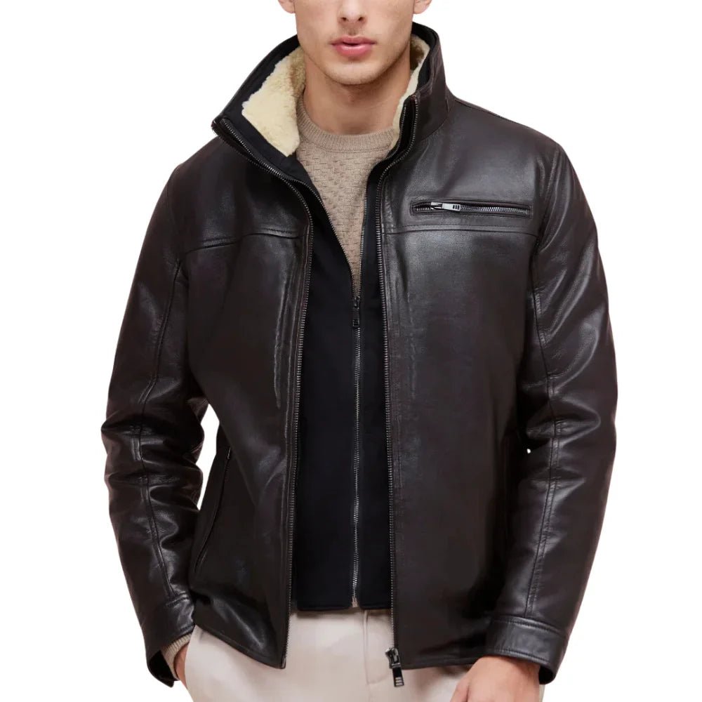 Men's Brown Leather Jacket Sherpa Collar - Removable Vest