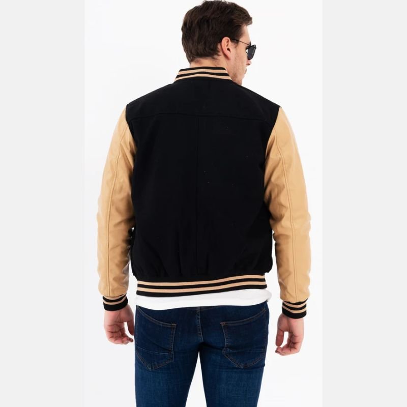 Men's Black and Beige Lettermen Varsity Bomber Jacket - Image 5