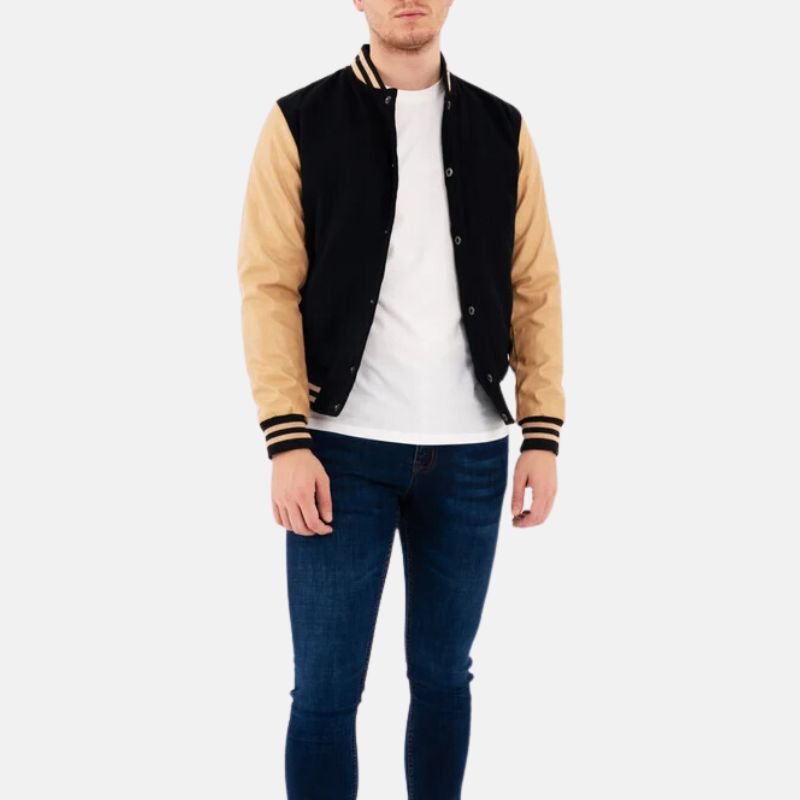 Men's Black and Beige Lettermen Varsity Bomber Jacket - Image 3