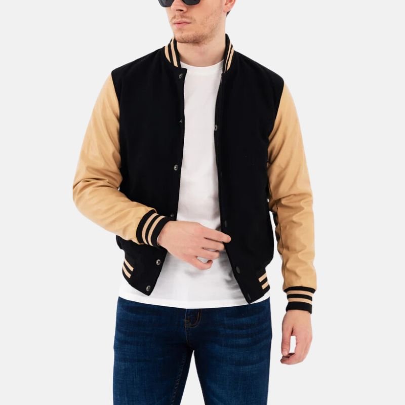 Men's Black and Beige Lettermen Varsity Bomber Jacket - Image 2