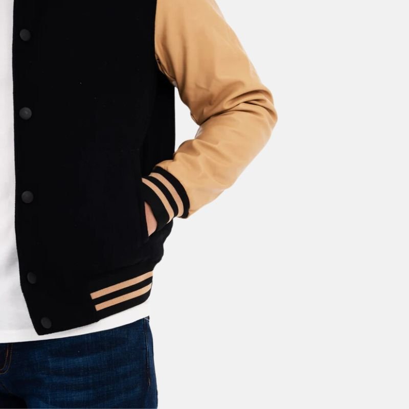 Men's Black and Beige Lettermen Varsity Bomber Jacket - Image 4