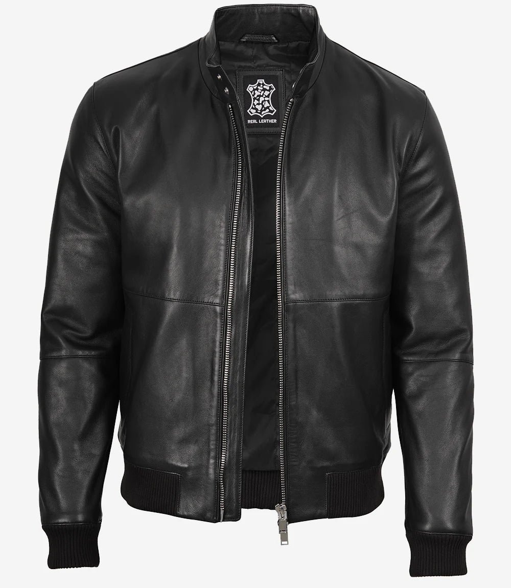 Men's Black Semi-Aniline Lambskin Leather Bomber Jacket - Image 3