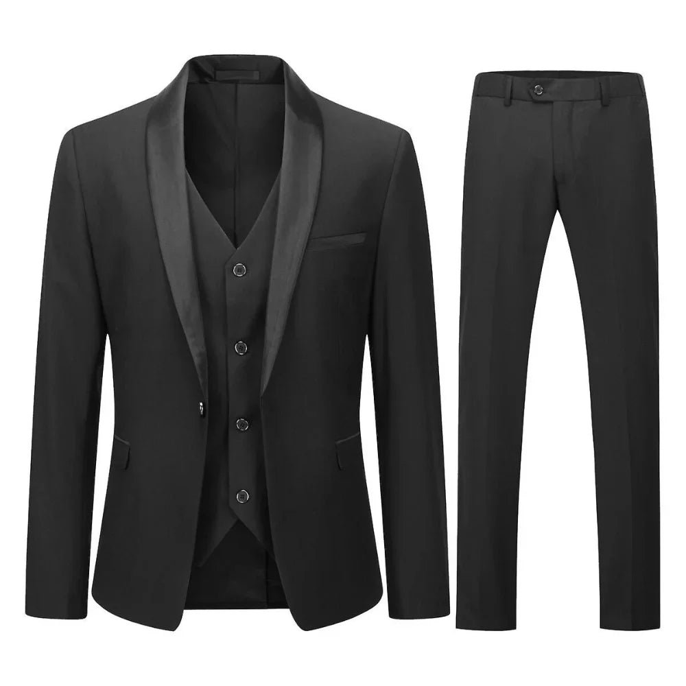 Men's Black Satin Shawl Collar Three Piece Tuxedo Suit - Image 3
