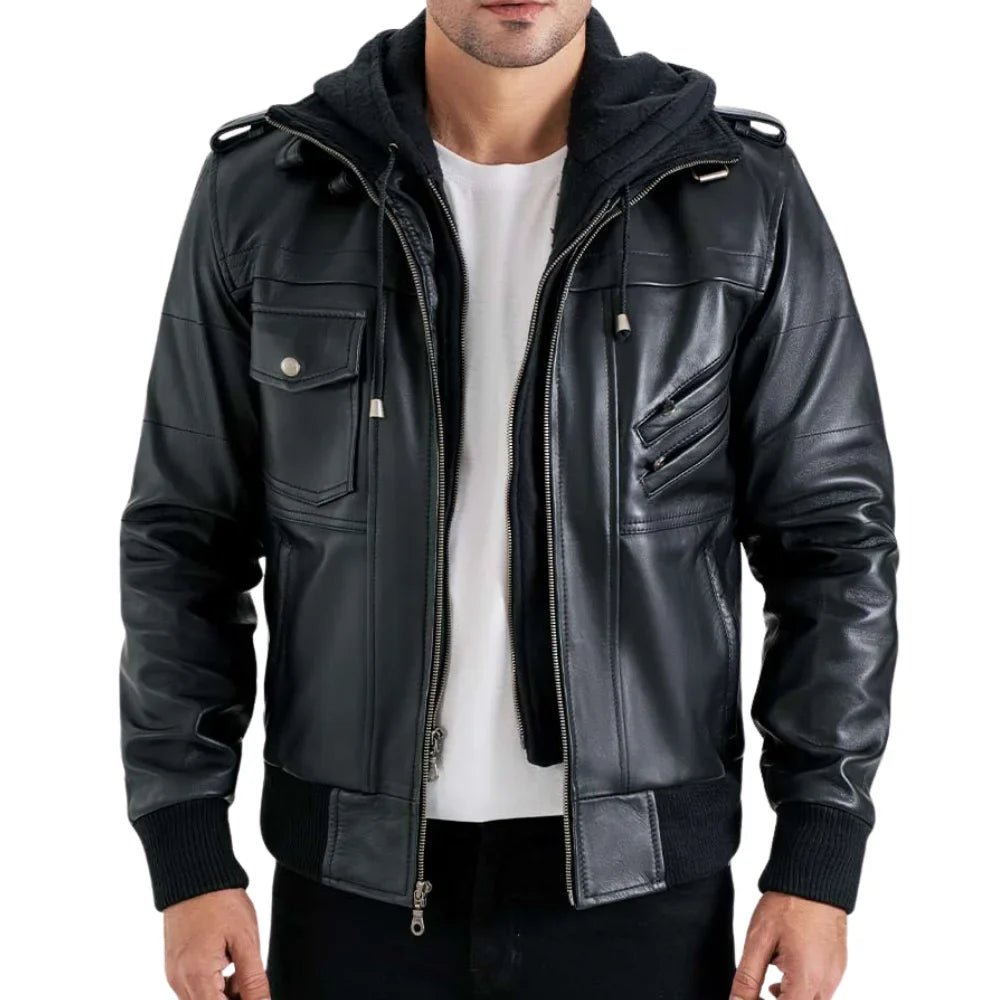 Men’s Black Lambskin Leather Jacket with Hood