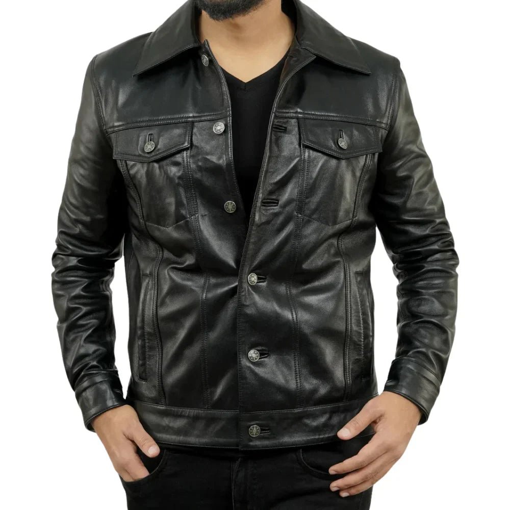 Men’s Tall Black Leather Trucker Jacket with Shirt Collar - Image 5