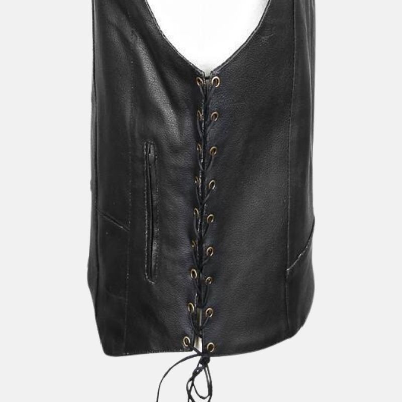 Men’s Black Cowhide Motorcycle Vest with Side Laces - Image 3