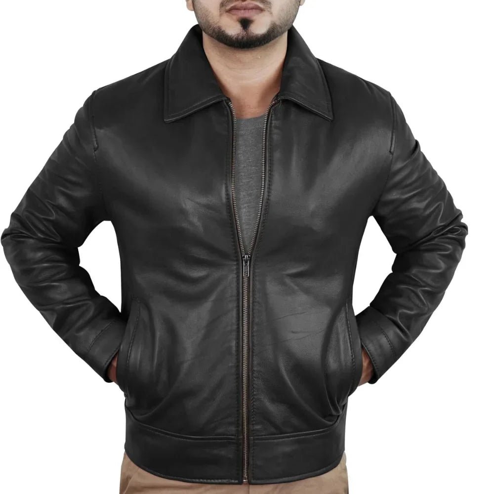 Men’s Black Leather Harrington Jacket with Shirt Collar - Image 4
