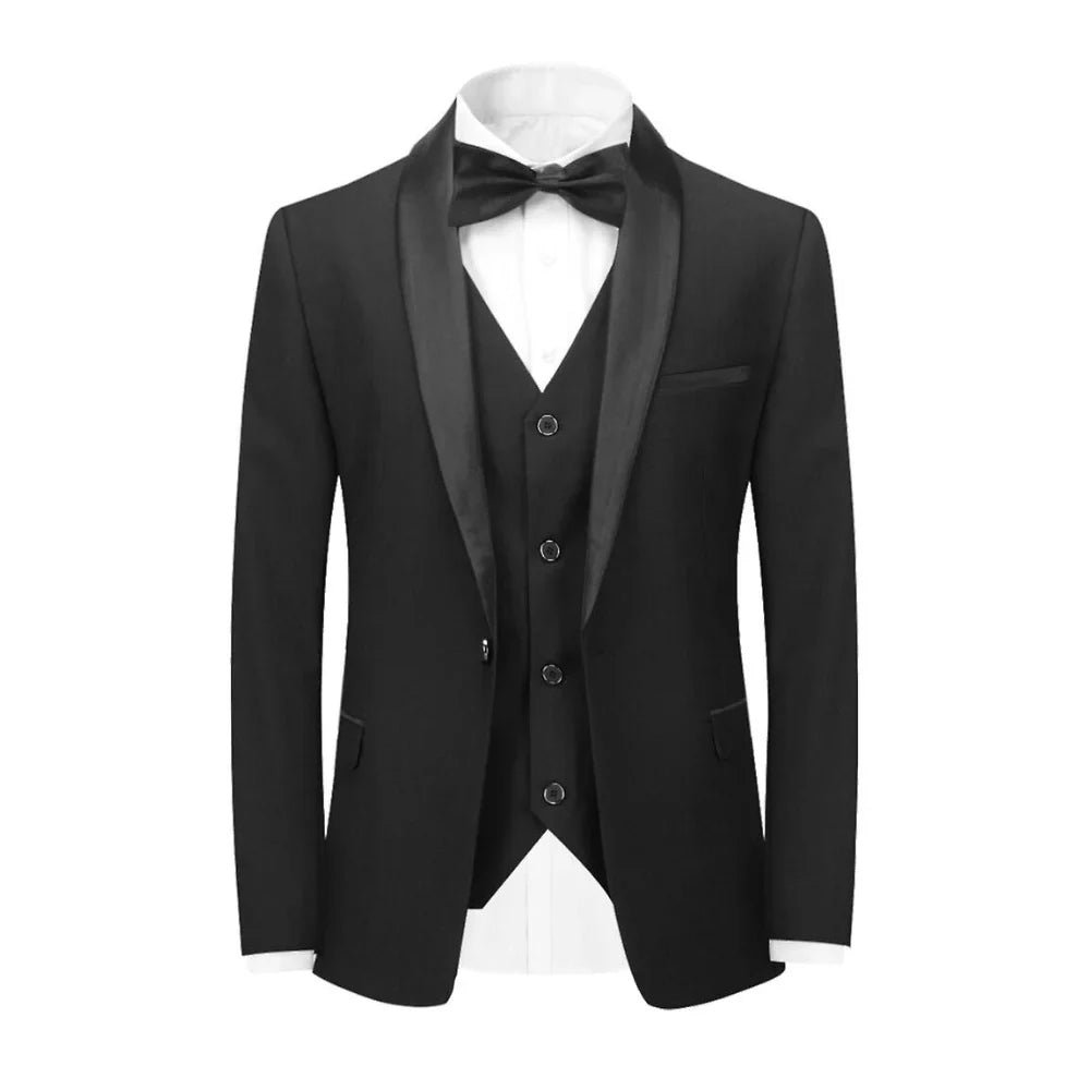 Men's Black Satin Shawl Collar Three Piece Tuxedo Suit - Image 2