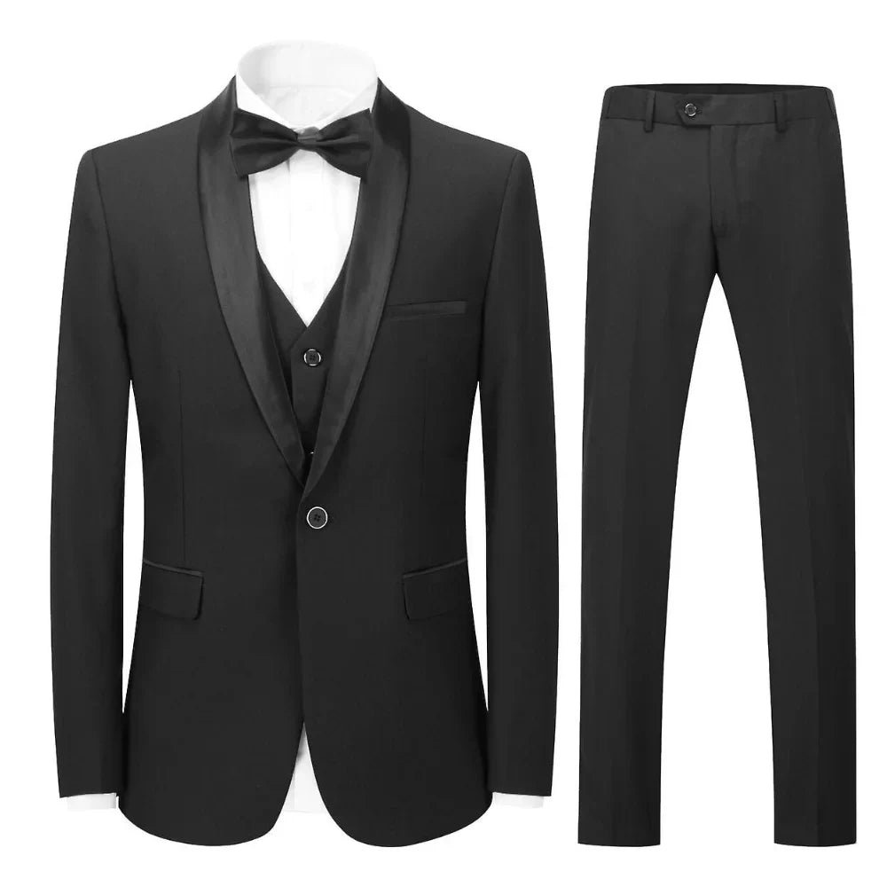 Men's Black Satin Shawl Collar Three Piece Tuxedo Suit