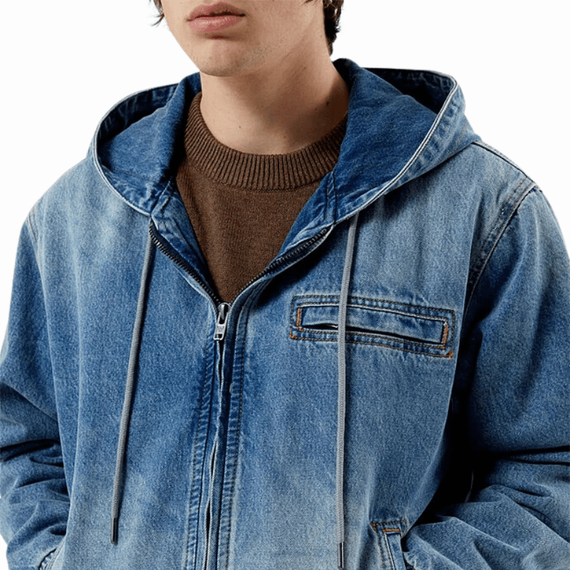 Men’s Blue Denim Hooded Bomber Jean Jacket - Image 2