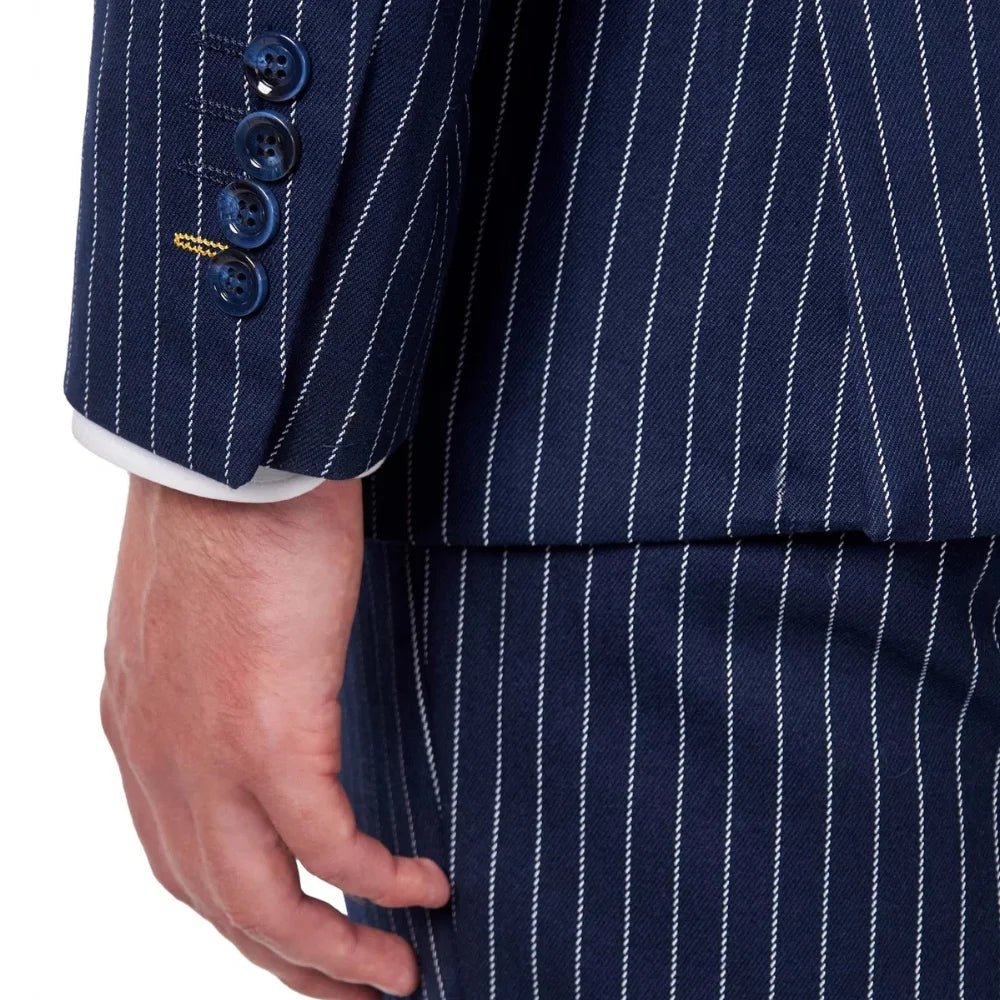 Men's Navy Blue Pinstripe Three Piece Suit - Image 3