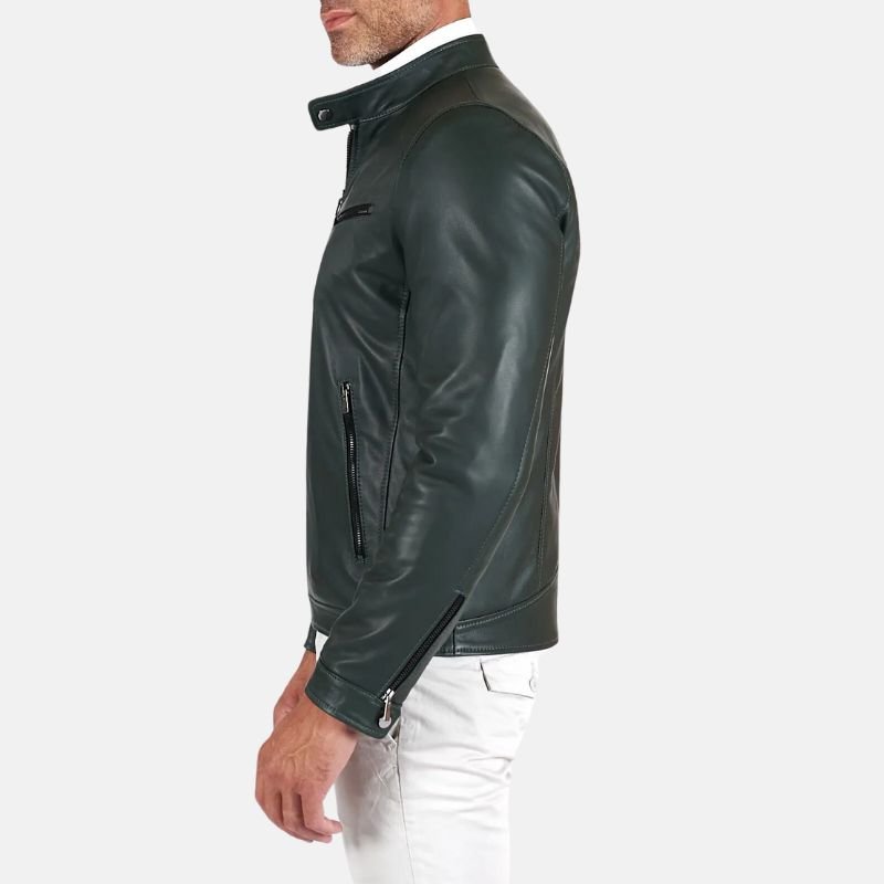 Men’s Dark Green Leather Bomber Jacket with Zip Pockets - Image 6