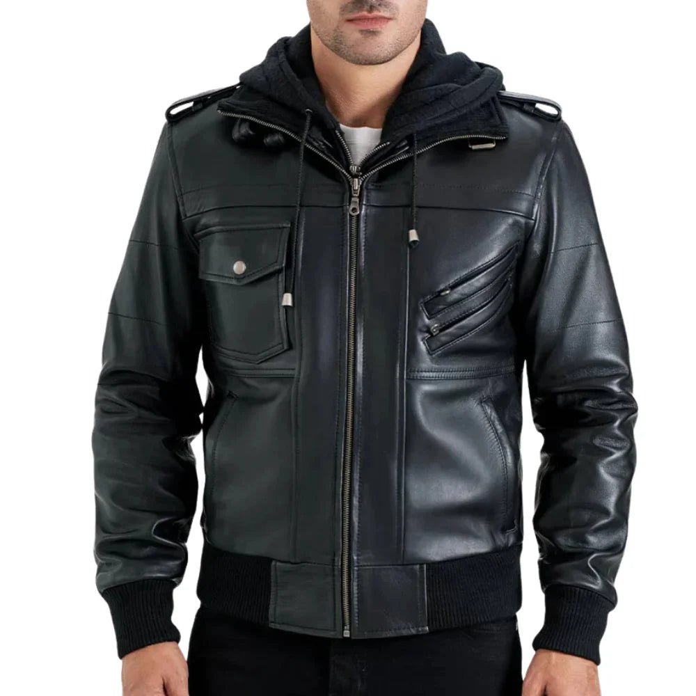 Men’s Black Lambskin Leather Jacket with Hood - Image 3
