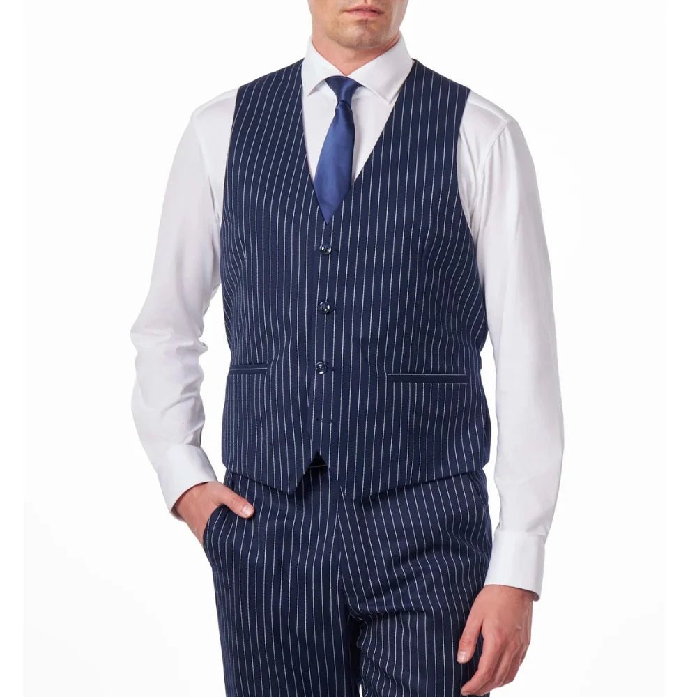 Men's Navy Blue Pinstripe Three Piece Suit - Image 5