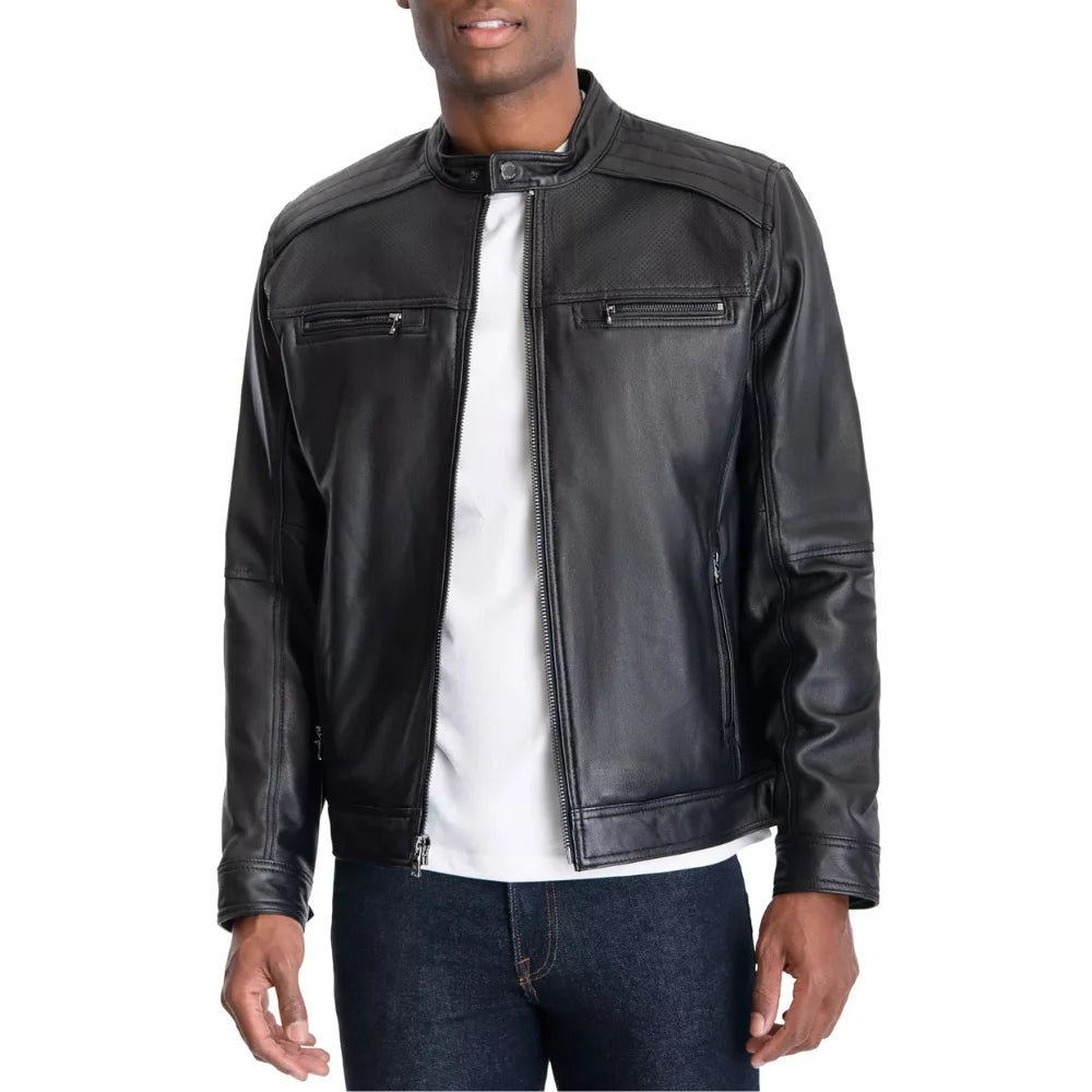 Men's Black Perforated Leather Biker Jacket