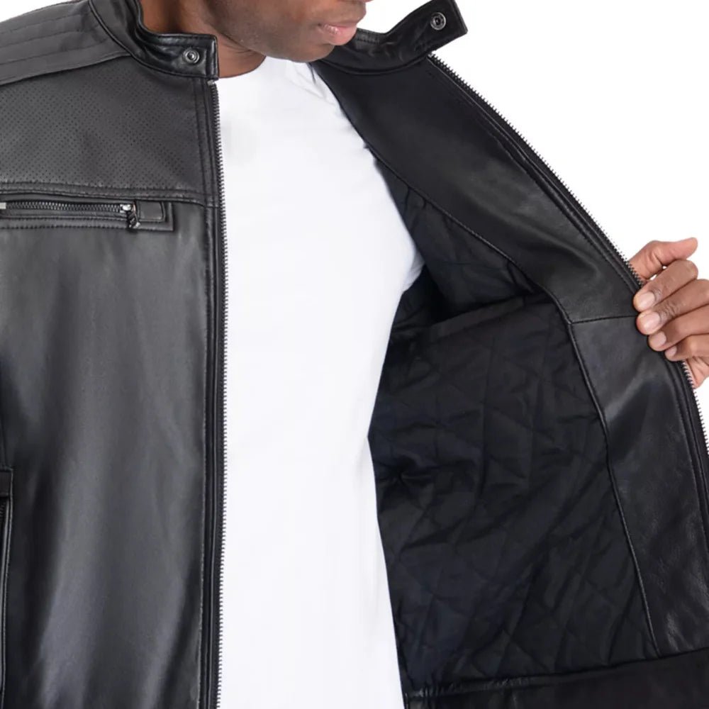 Men's Black Perforated Leather Biker Jacket - Image 3