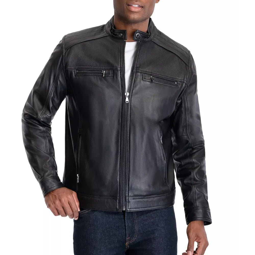 Men's Black Perforated Leather Biker Jacket - Image 2