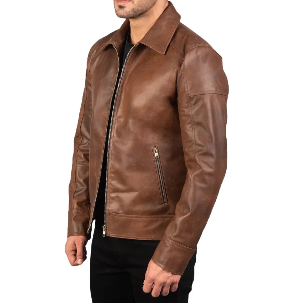 Men's Brown Leather Cafe Racer Jacket - Image 4