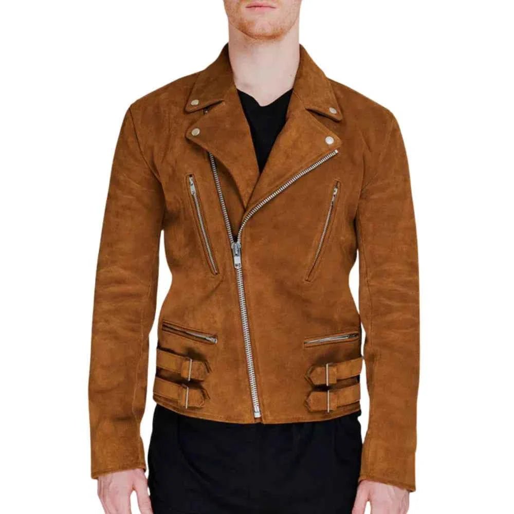 Men's Brown Moto Suede Leather Jacket - Image 3