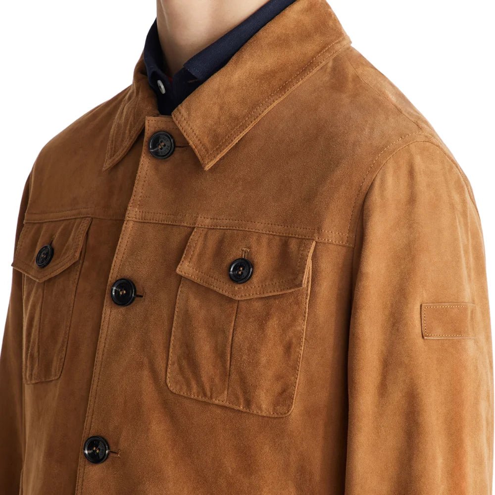 Men's Tan Suede Trucker Jacket - Image 2