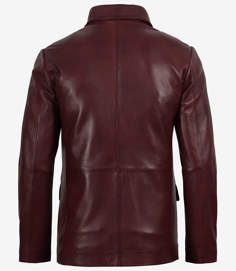 Men's Burgundy Wax Lambskin Leather Blazer - Image 2