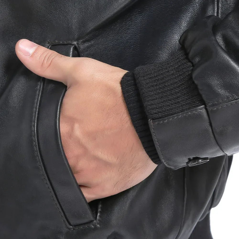 Men’s Tall Black Lambskin Leather Bomber Jacket - Image 5