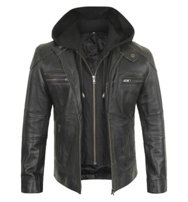 mens-tall-black-hooded-leather-biker-jacket-front