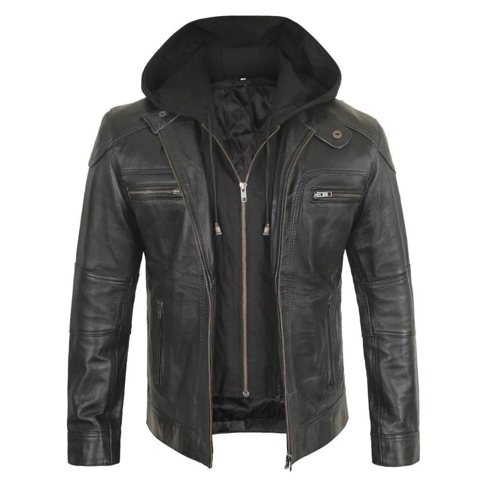 Men’s Tall Black Leather Biker Jacket with Removable Hood