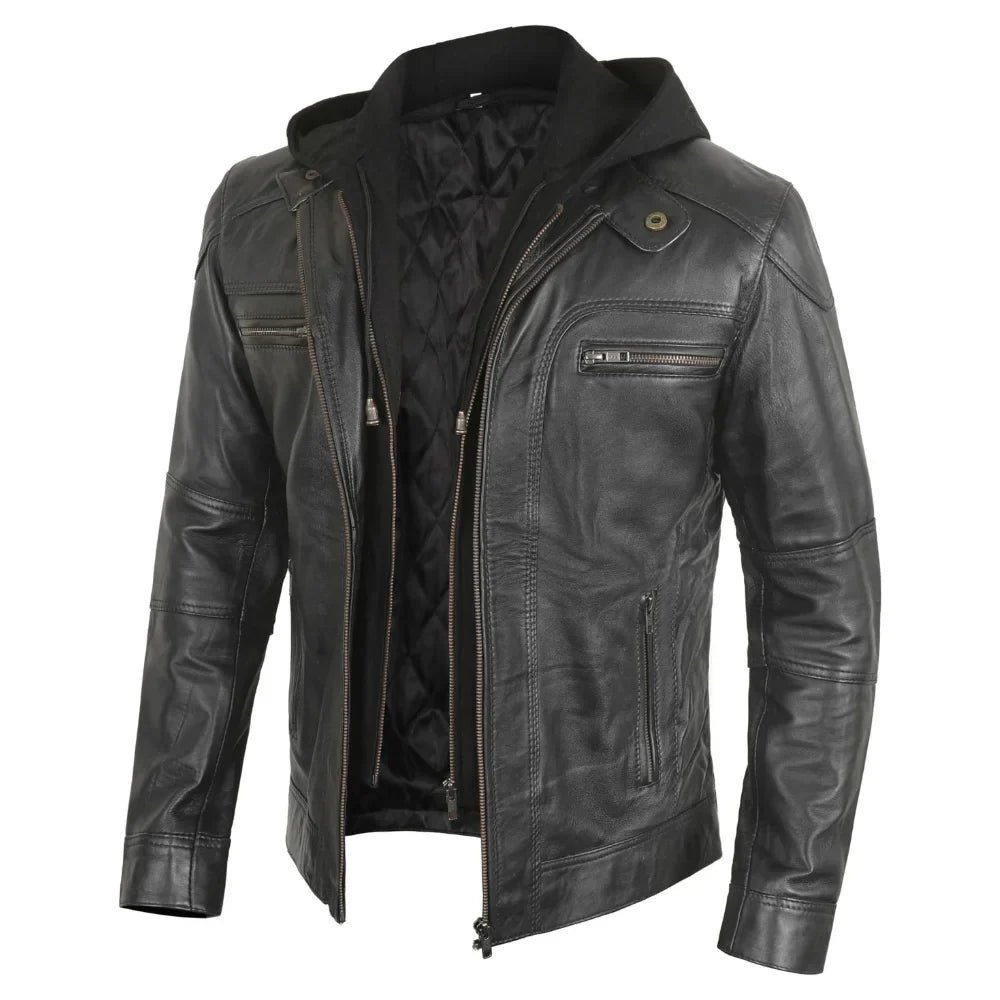 Men’s Tall Black Leather Biker Jacket with Removable Hood - Image 3