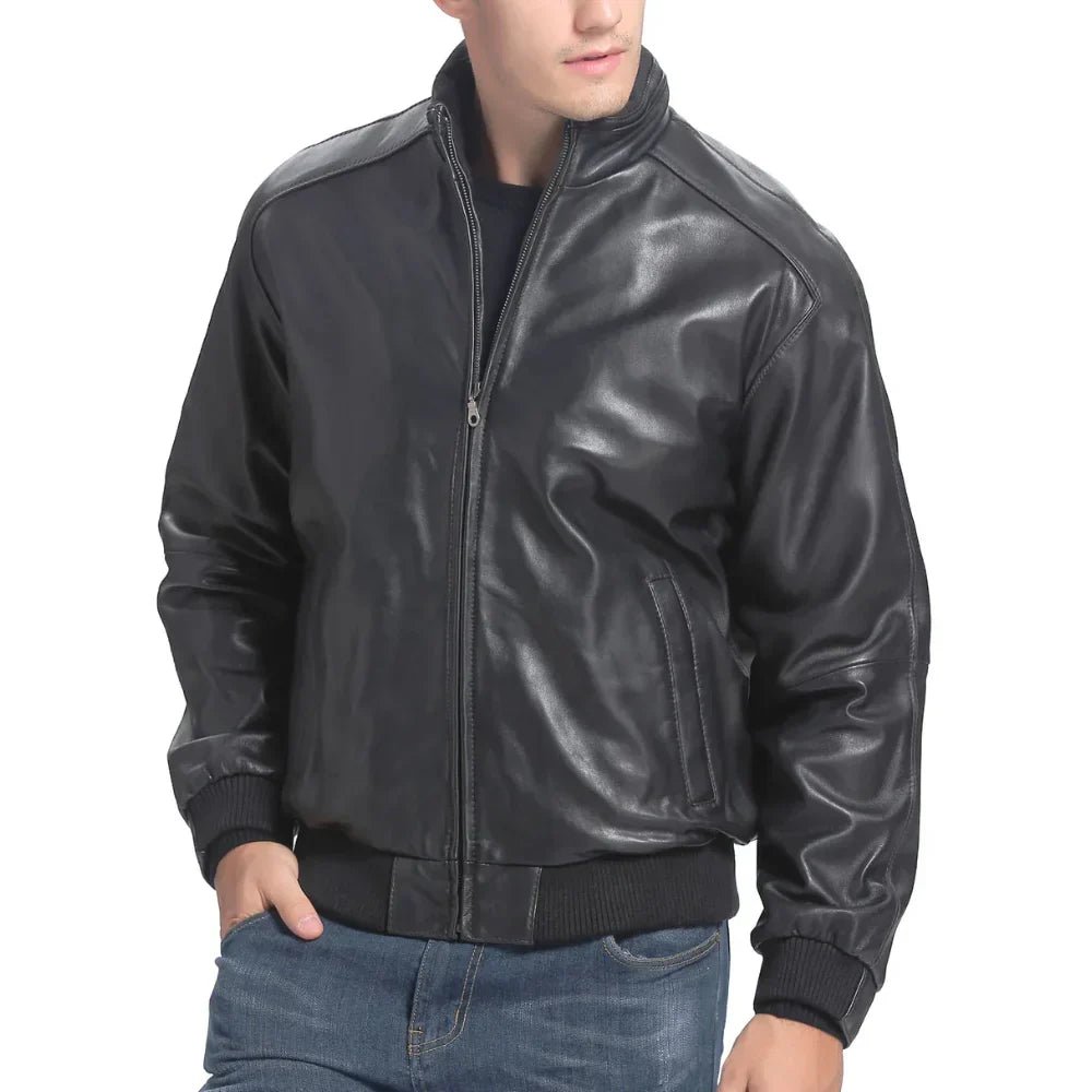 Men’s Tall Black Lambskin Leather Bomber Jacket