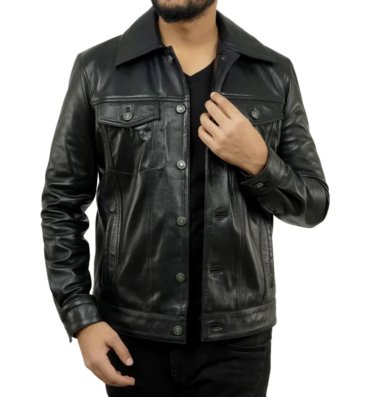 mens-tall-black-leather-trucker-jacket-front