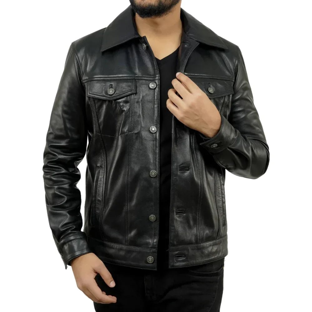 Men’s Tall Black Leather Trucker Jacket with Shirt Collar