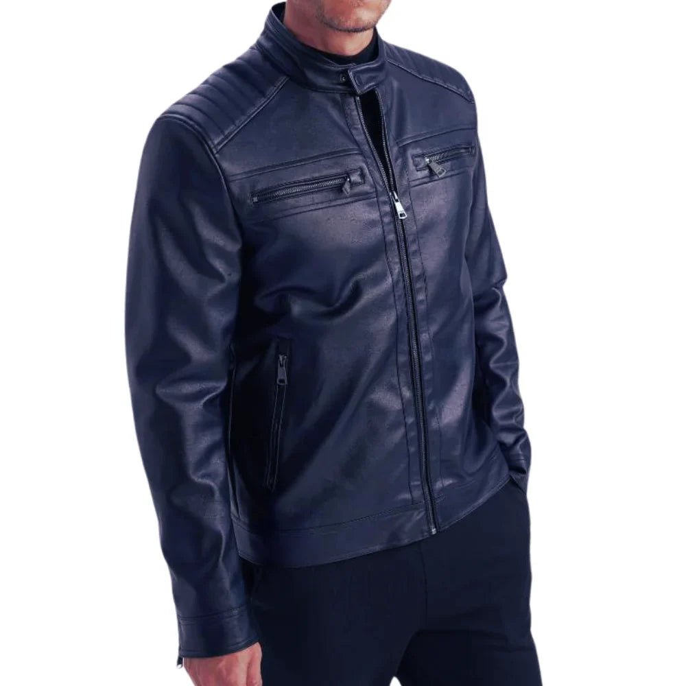 Men’s Tall Electric Blue Quilted Leather Cafe Racer Jacket - Image 3