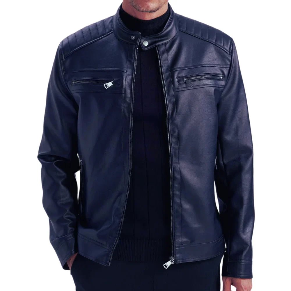 Men’s Tall Electric Blue Quilted Leather Cafe Racer Jacket