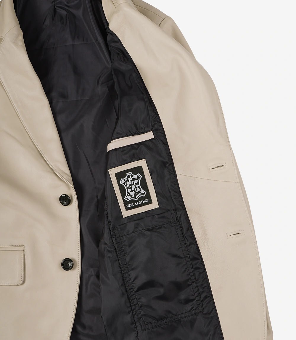 Men's Beige Lambskin Two-Button Leather Blazer - Image 5