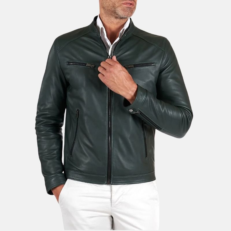 Men’s Dark Green Leather Bomber Jacket with Zip Pockets - Image 4