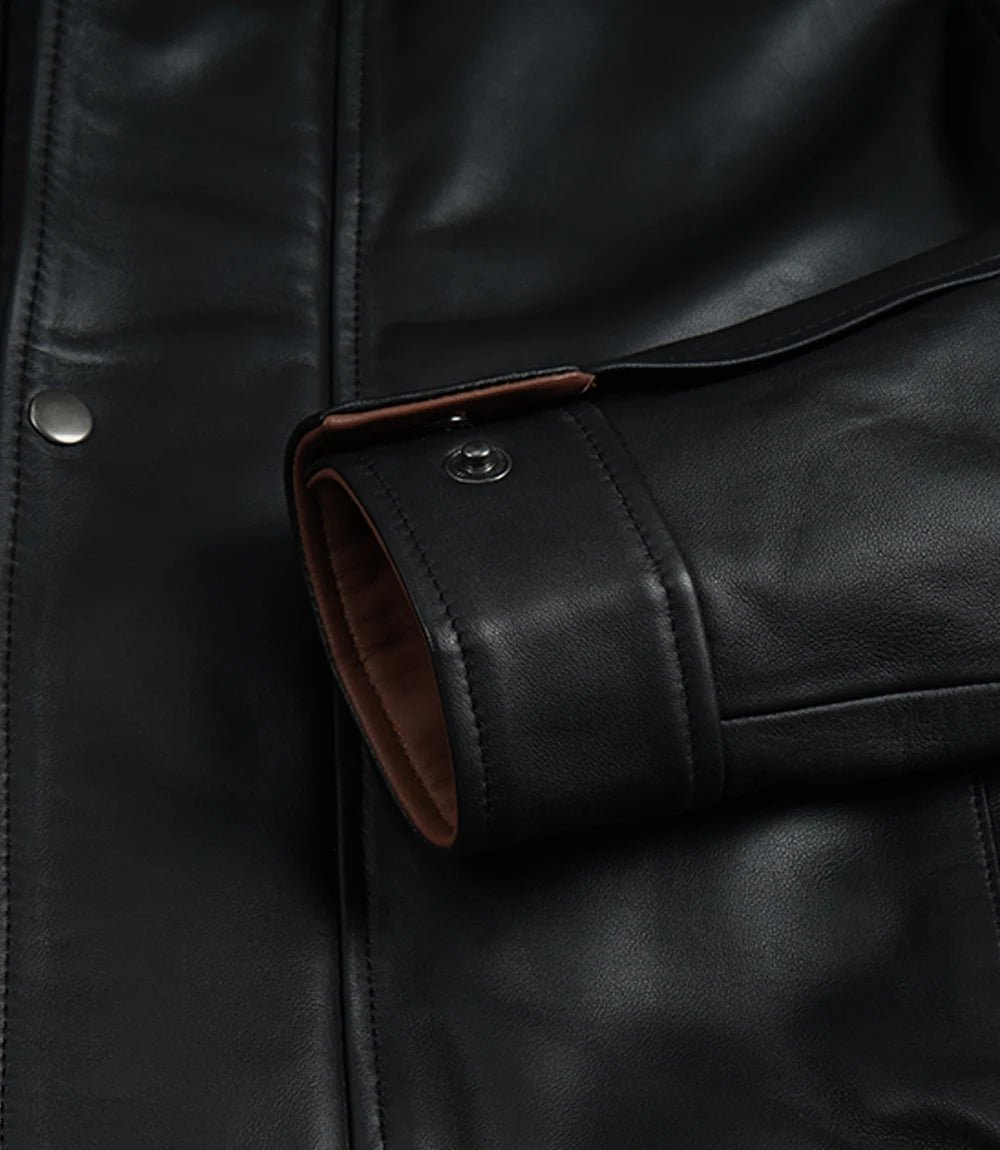 Men's Black Leather Bomber Jacket - Image 7