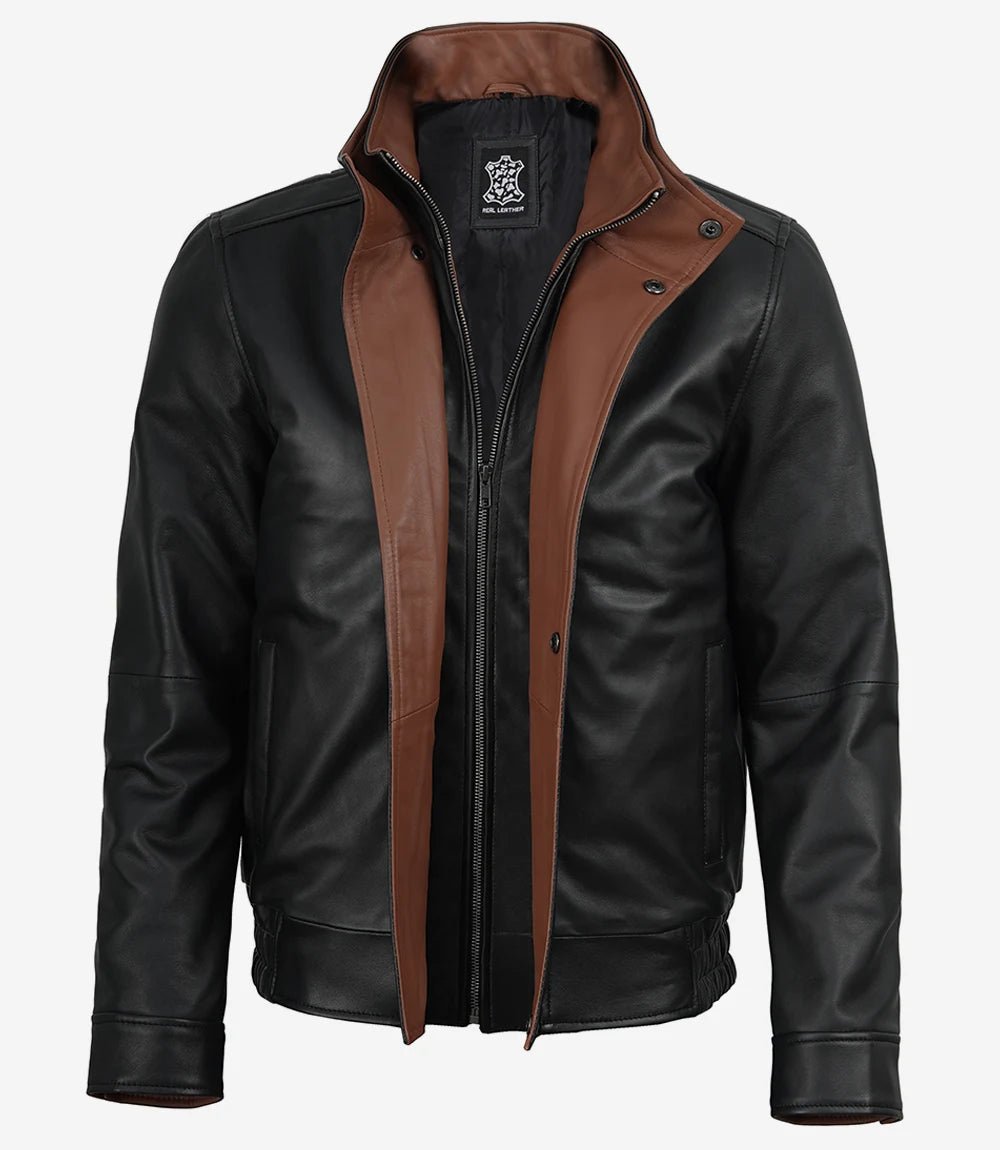Men's Black Leather Bomber Jacket - Image 3