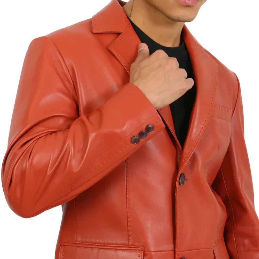 Men's Burnt Orange Two Button Leather Blazer - Image 4