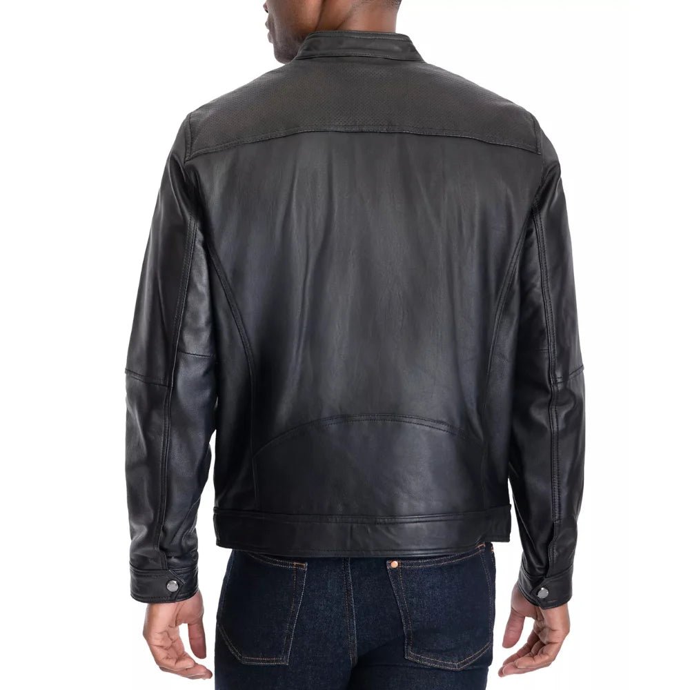 Men's Black Perforated Leather Biker Jacket - Image 5