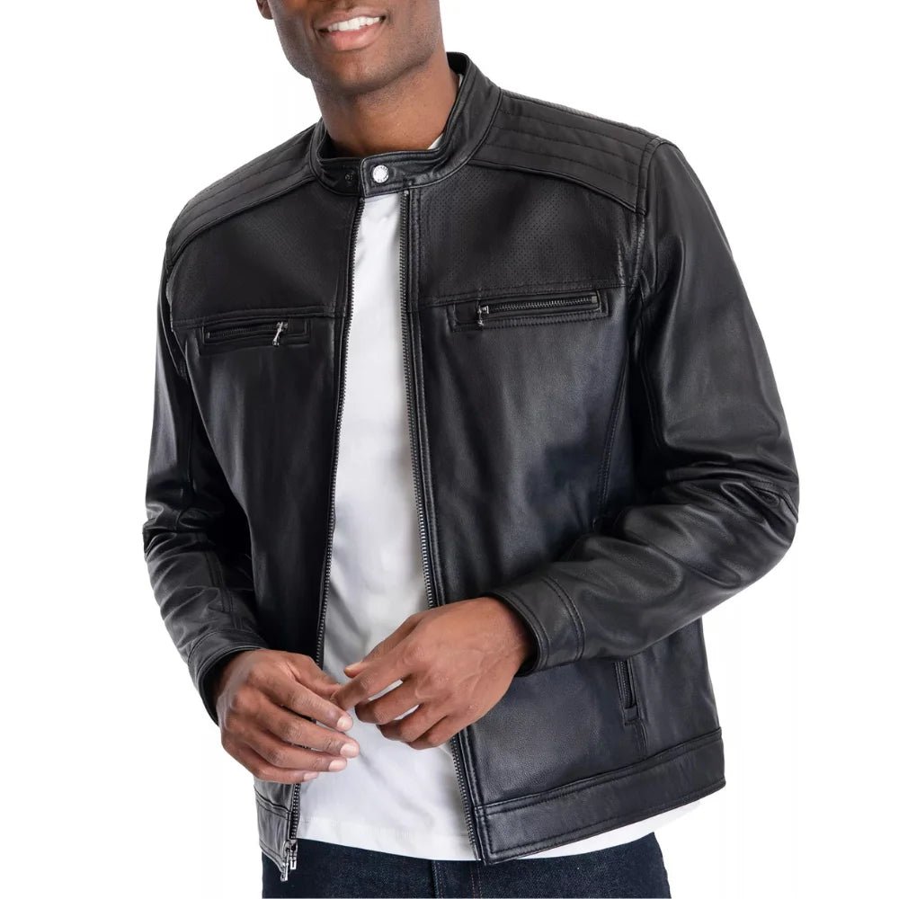 Men's Black Perforated Leather Biker Jacket - Image 4