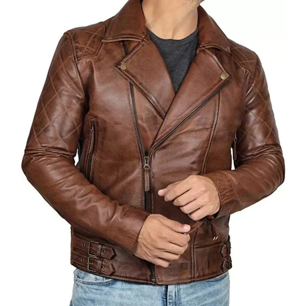 Men's Brando Brown Quilted Leather Biker Jacket - Image 4