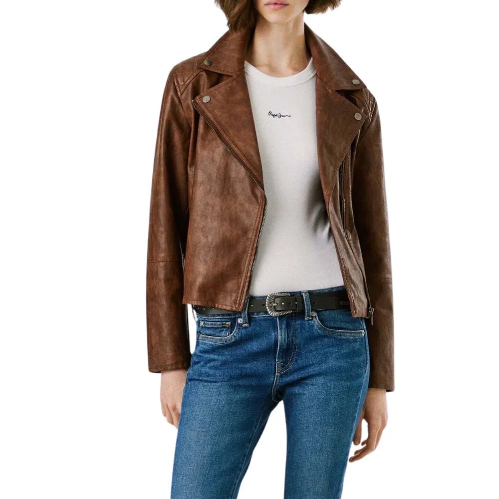 Women’s Brown Quilted Leather Moto Jacket - Image 3