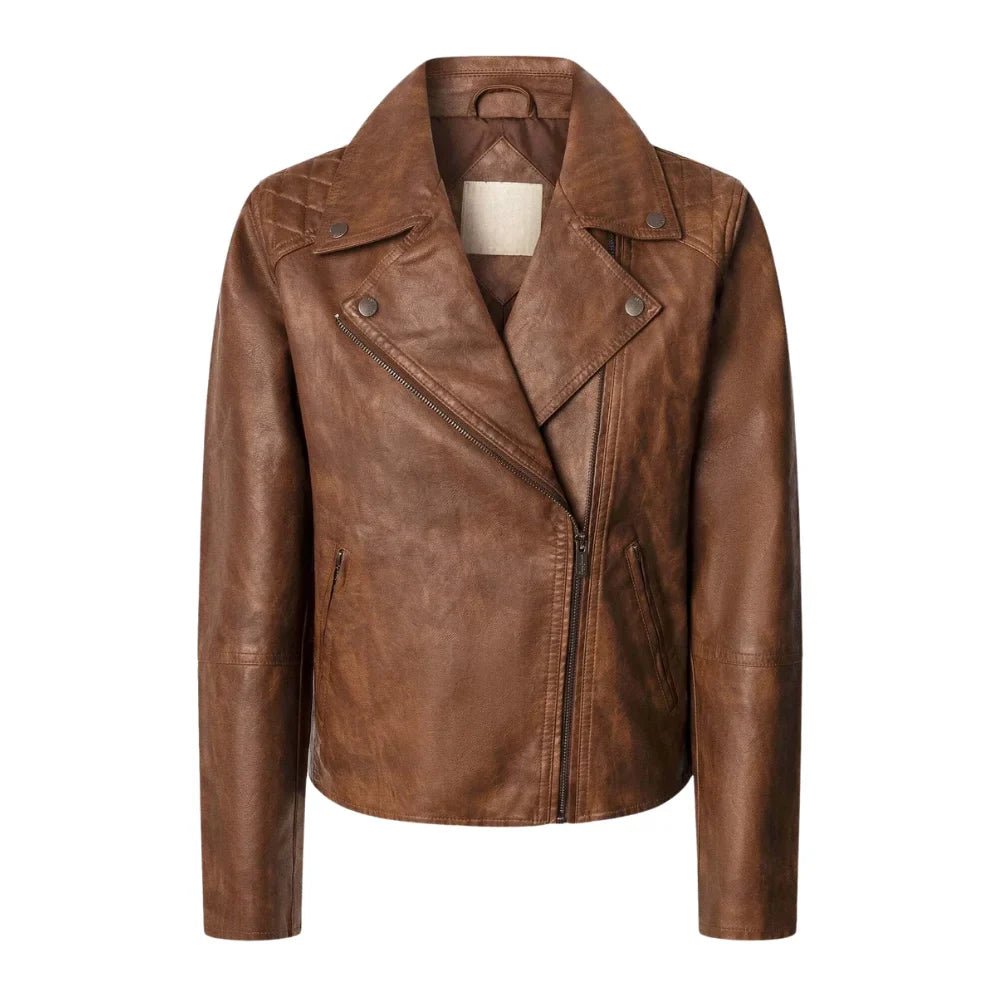 Women’s Brown Quilted Leather Moto Jacket - Image 4